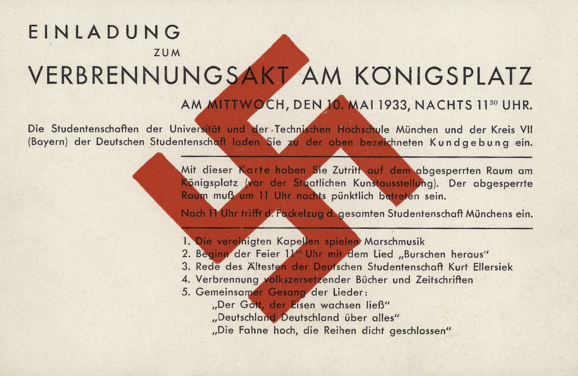 A beige invitation card with a red swastika in the middle. The text above it is titled “Invitation to a burning act on Königsplatz on Wednesday, May 10, 1933, 11.30 pm.”