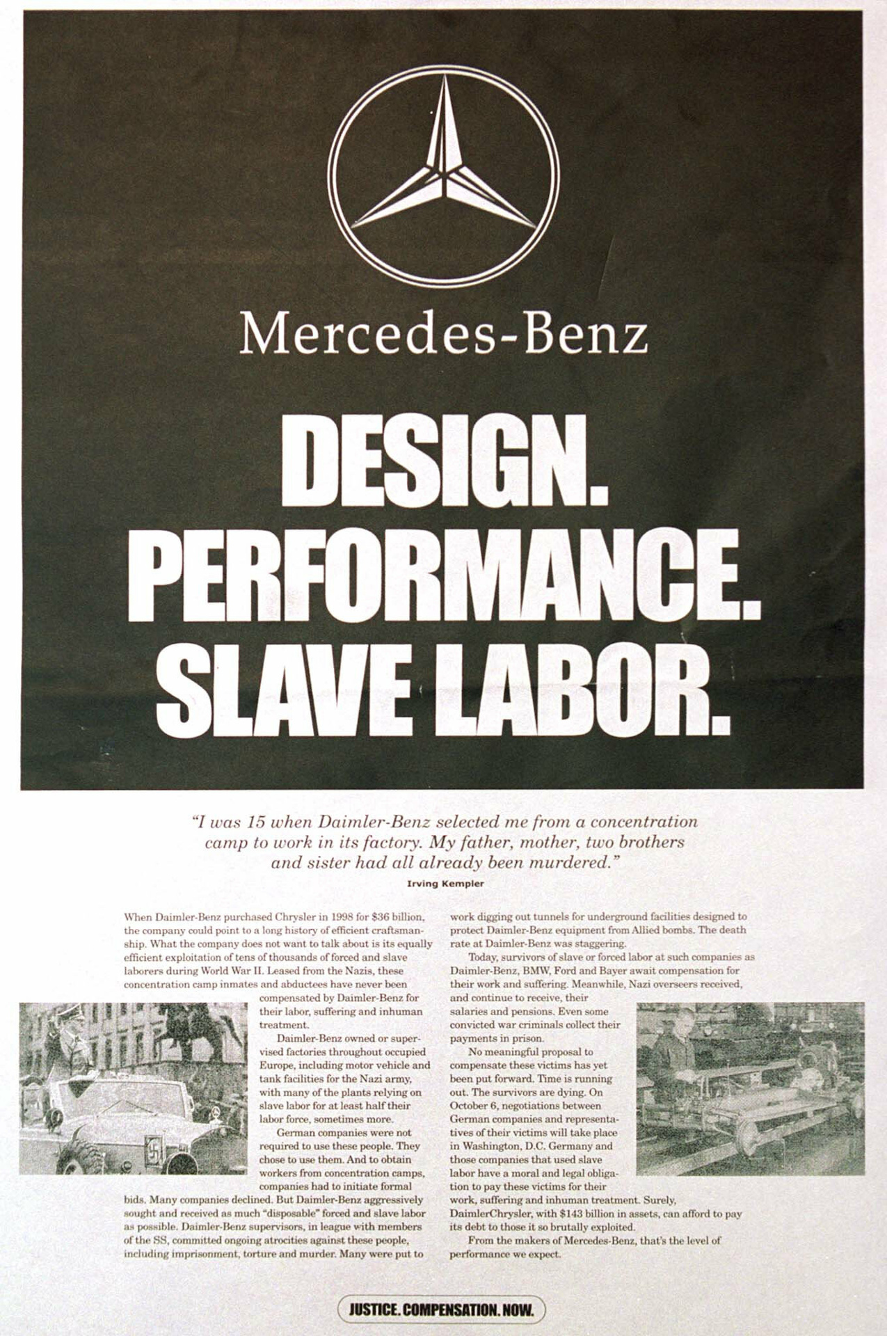 A newspaper advertisement titled “Mercedes-Benz. Design. Performance. Slave Labor.”