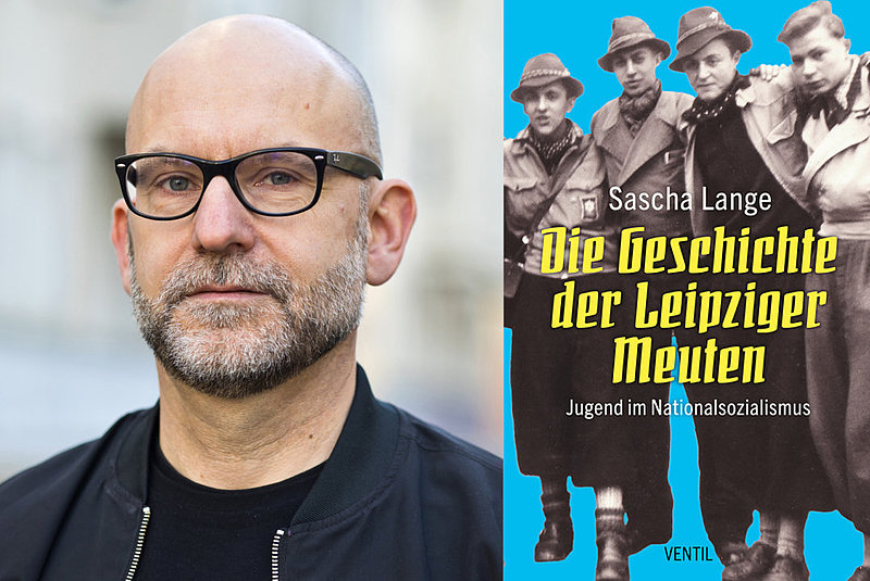 ein Foto des Autor Sascha Lange und das Buchcover von seinem Buch zu den Leipziger Meuten mit vier Jugendlichen in schwarzweiß