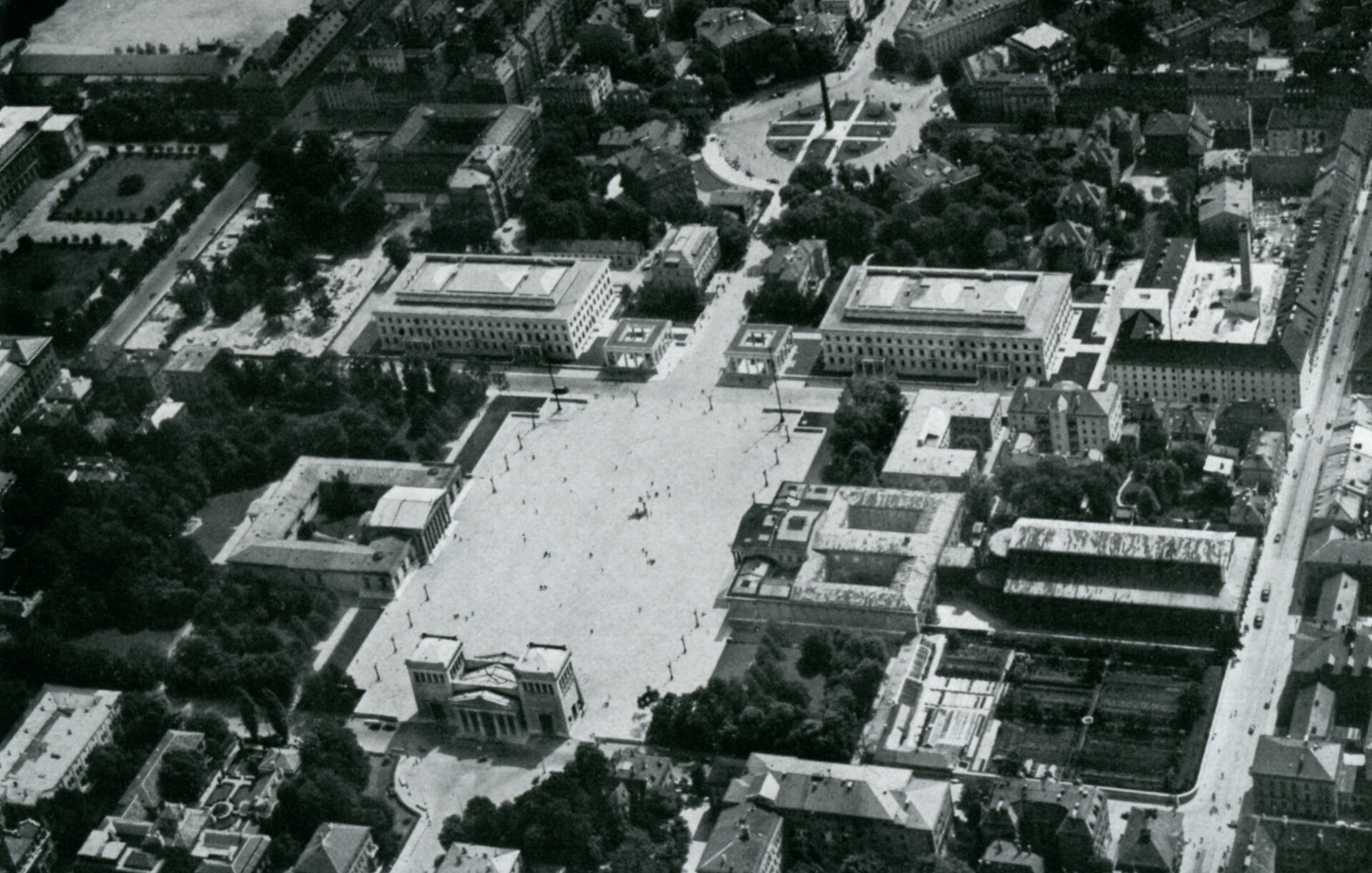 The square in the center of the photo is surrounded by a number of buildings and streets. 